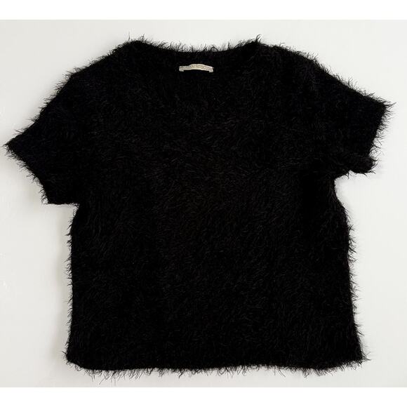 Zara Trafaluc faux fur black fuzzy tee shirt crop top short sleeve M - Picture 1 of 6